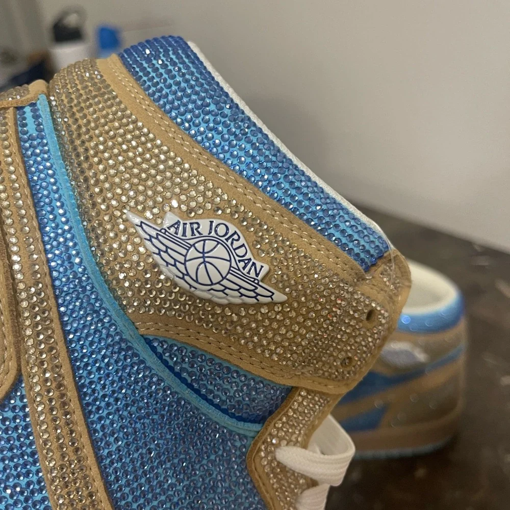 Custom Blue & Gold Rhinstone Nike Air Jordan Sneakers Euro 46, Fits Men's 10.5